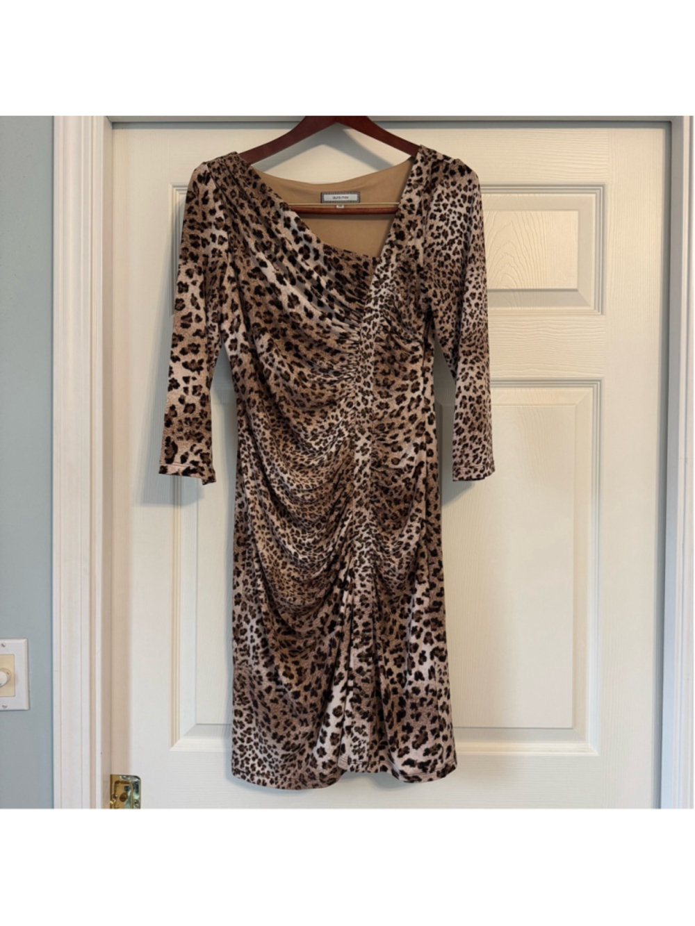 Women's Laura Max Poet Dress Size M Leopard Print 3/4 Sleeve Ruched Bodycon